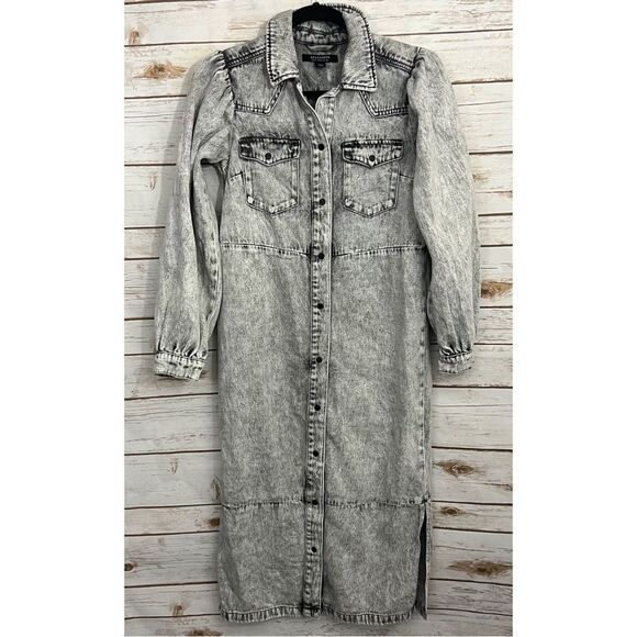 All saints Gray Acid Wash Ava Denim Button Front Midi Dress - Picture 2 of 7